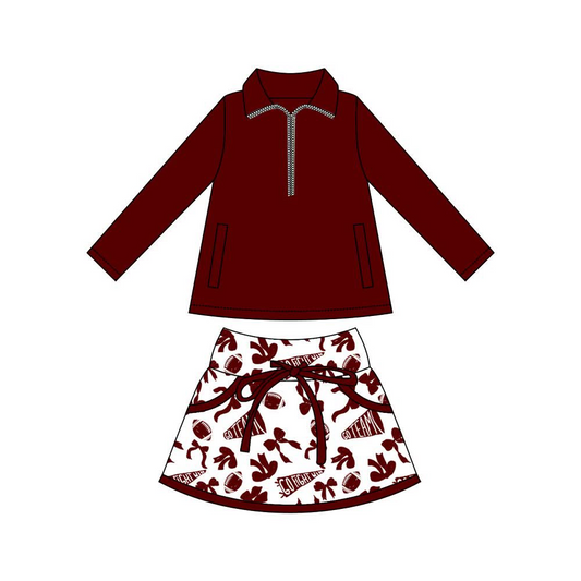 (Pre Order) No moq GLD1324 PRE-ORDER baby girl clothes yoga team bow brick red long sleeve skirts sets-2025.9.13