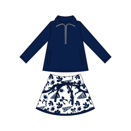 (Pre Order) No moq GLD1325 PRE-ORDER baby girl clothes yoga team bow dark blue long sleeve skirts sets-2025.9.13
