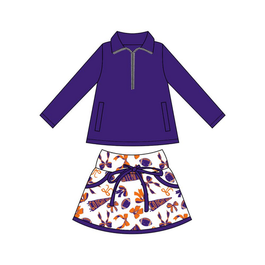 (Pre Order) No moq GLD1326 PRE-ORDER baby girl clothes yoga team bow purple long sleeve skirts sets-2025.9.13