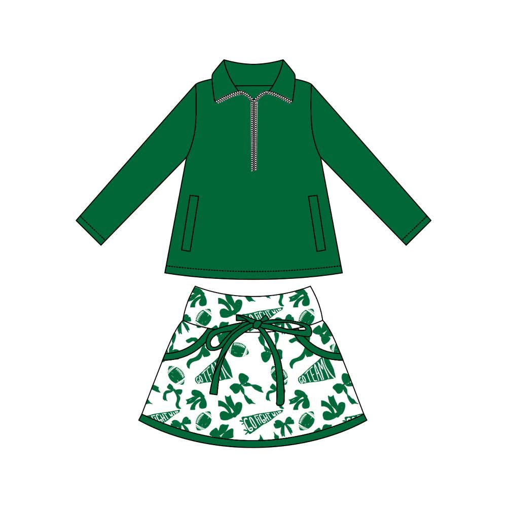 (Pre Order) No moq GLD1327 PRE-ORDER baby girl clothes yoga team bow green long sleeve skirts sets-2025.9.13