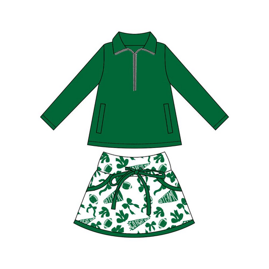 (Pre Order) No moq GLD1327 PRE-ORDER baby girl clothes yoga team bow green long sleeve skirts sets-2025.9.13