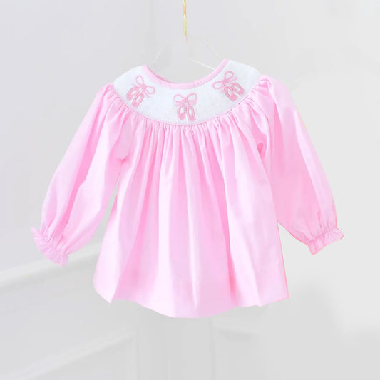 (Pre Order) No moq GLD1330 PRE-ORDER baby girl clothes ballet shoes bow pink long sleeve dress-2025.9.15
