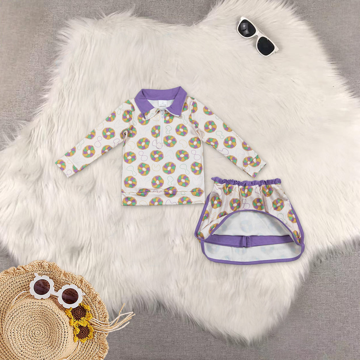 RTS NO MOQ Sibling baby girl boy clothes mardi gras nceklace short sleeve top and dresses and skirts sets and skirts and adult top and adult skirts