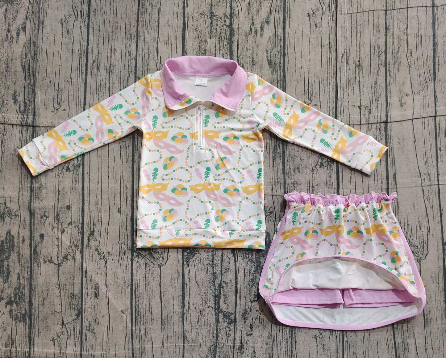 (Pre Order) No moq GLD1334 PRE-ORDER baby girl clothes mardi gras long sleeve skirts sets-2025.11.4