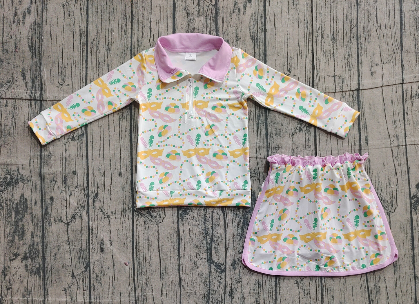 (Pre Order) No moq GLD1334 PRE-ORDER baby girl clothes mardi gras long sleeve skirts sets-2025.11.4