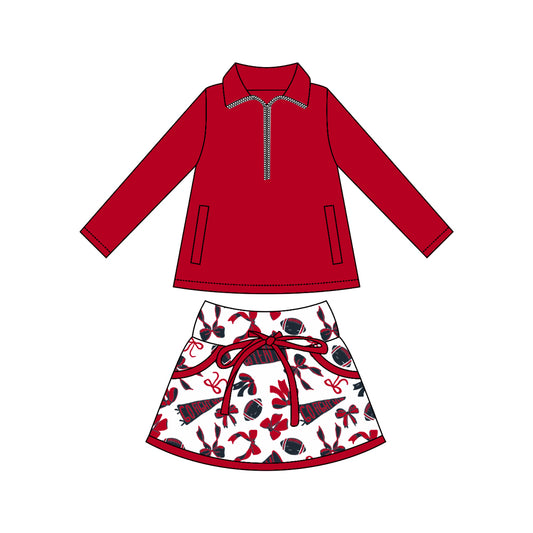 (Pre Order) No moq GLD1339 PRE-ORDER baby girl clothes team bow red long sleeve skirts sets-2025.9.20