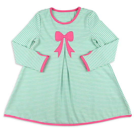 (Pre Order) No moq GLD1342 PRE-ORDER baby girl clothes bow teal long sleeve dress-2025.9.20