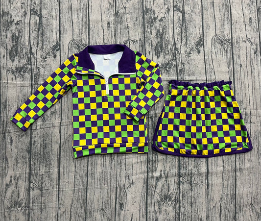 (Pre Order) No moq GLD1362 RE-ORDER baby girl clothes yoga mardi gras long sleeve skirts sets-2025.10.21