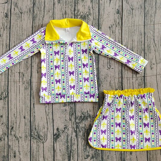 (Pre Order) No moq GLD1363 RE-ORDER baby girl clothes yoga mardi gras long sleeve skirts sets-2025.11.15
