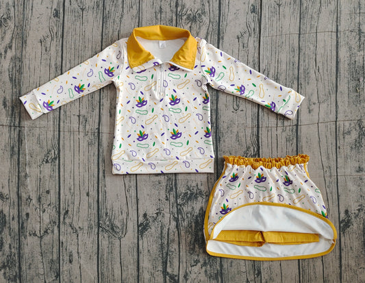 (Pre Order) No moq GLD1370 RE-ORDER baby girl clothes yoga mardi gras long sleeve skirts sets-2025.11.15