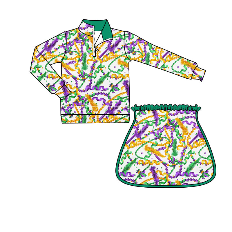 (Pre Order) No moq GLD1371 RE-ORDER baby girl clothes yoga mardi gras long sleeve skirts sets-2025.9.30