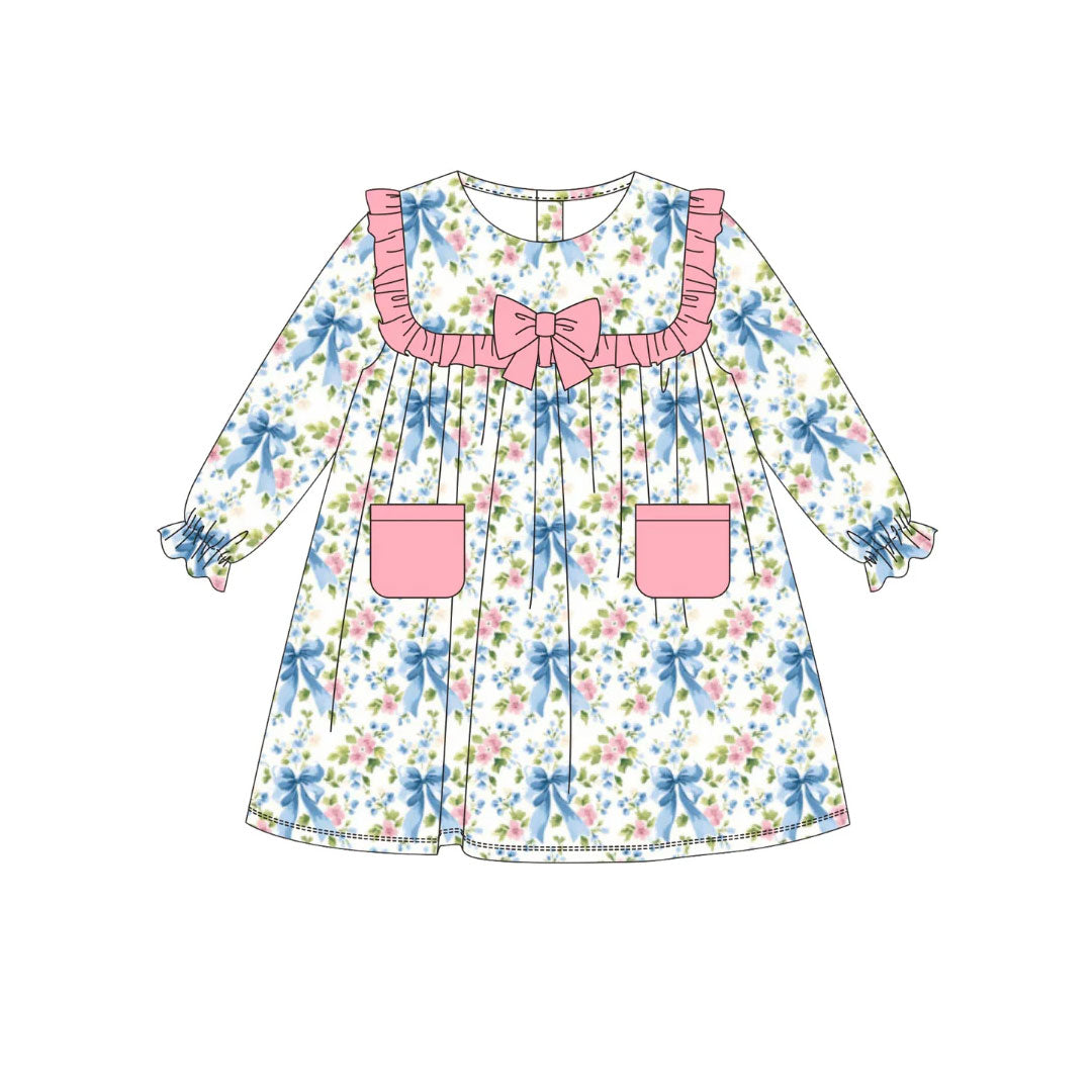 (Pre Order) No moq GLD1375 PRE-ORDER baby girl clothes bow floral long sleeve dress-2025.10.2