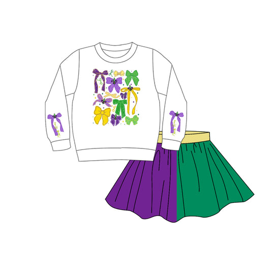 (Pre Order) No moq GLD1386 PRE-ORDER baby girl clothes mardi gras bow long sleeve skirts sets-2025.10.13