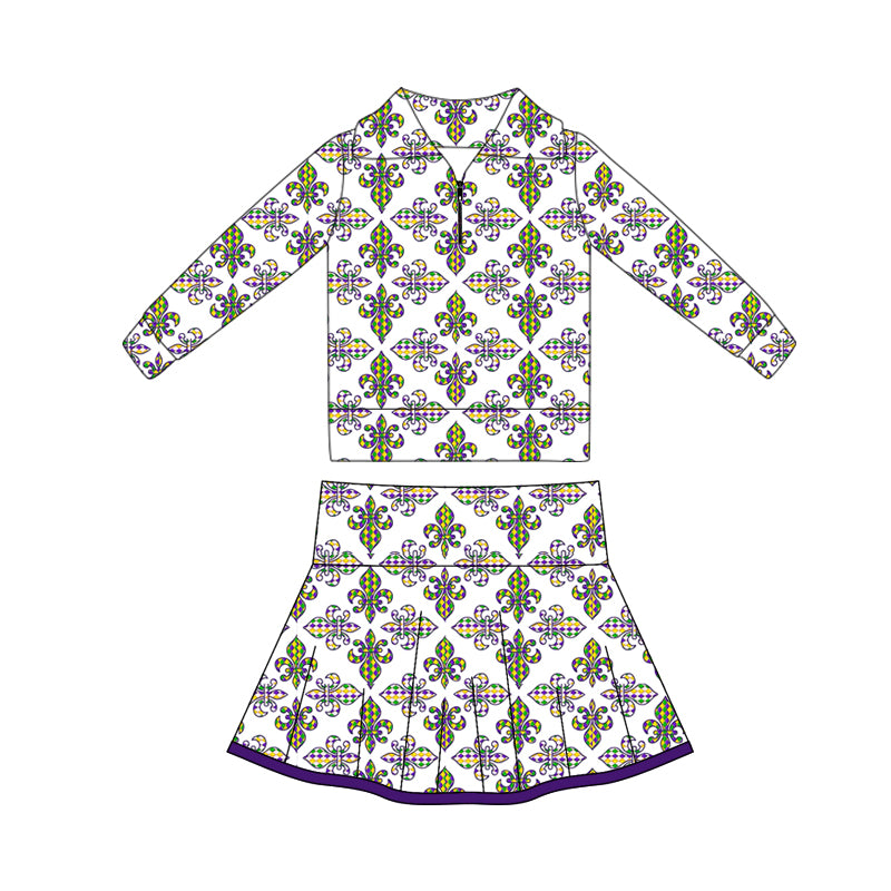 (Pre Order) No moq GLD1395 PRE-ORDER baby girl clothes yoga mardi gras long sleeve skirts sets-2025.10.16