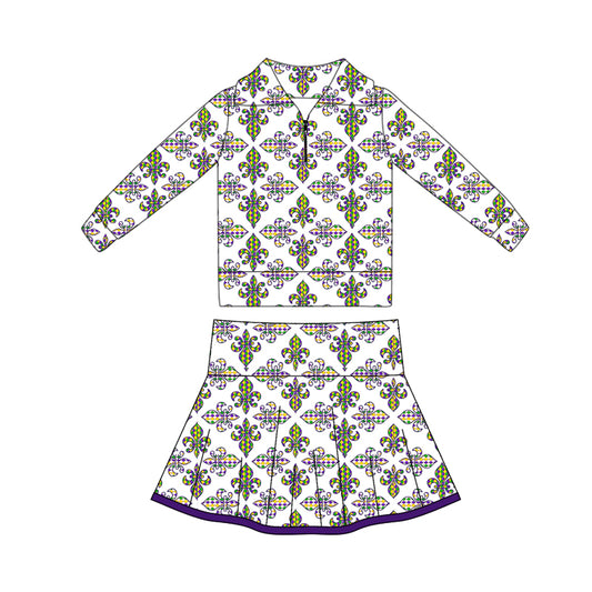 (Pre Order) No moq GLD1395 PRE-ORDER baby girl clothes yoga mardi gras long sleeve skirts sets-2025.10.16