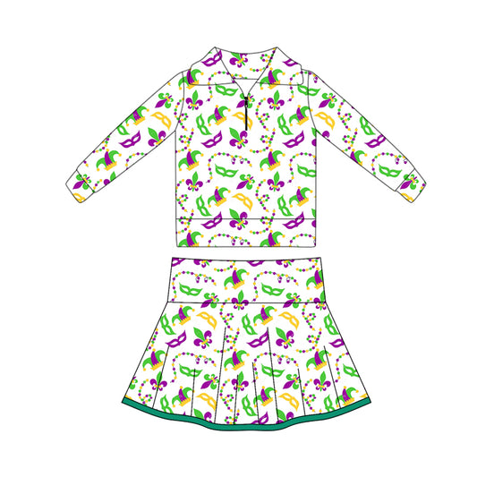(Pre Order) No moq GLD1396 PRE-ORDER baby girl clothes yoga mardi gras long sleeve skirts sets-2025.10.16