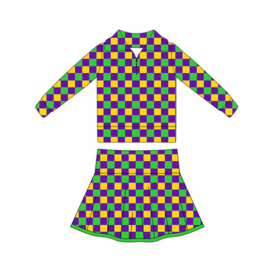 (Pre Order) No moq GLD1397 PRE-ORDER baby girl clothes yoga mardi gras long sleeve skirts sets-2025.10.16