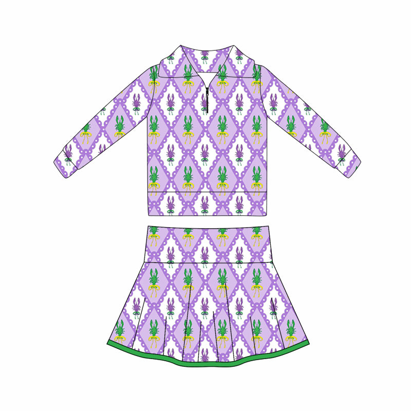 (Pre Order) No moq GLD1399 PRE-ORDER baby girl clothes yoga mardi gras long sleeve skirts sets-2025.10.16