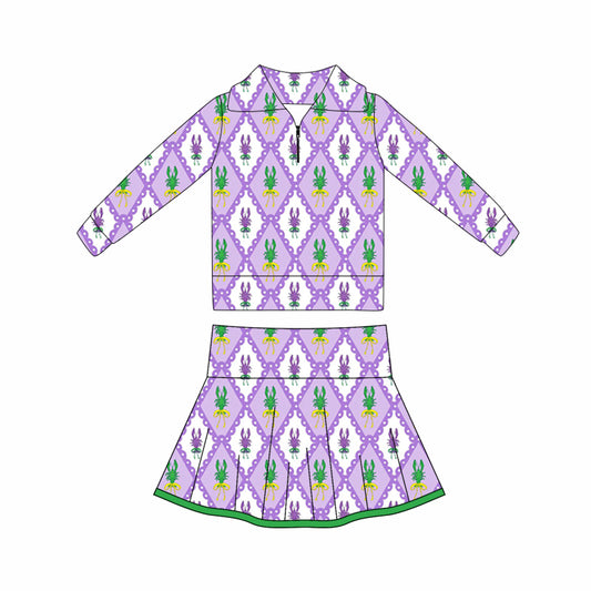 (Pre Order) No moq GLD1399 PRE-ORDER baby girl clothes yoga mardi gras long sleeve skirts sets-2025.10.16