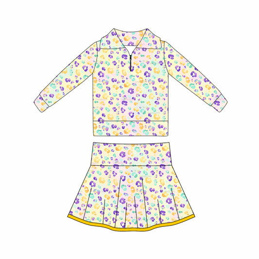 (Pre Order) No moq GLD1400 PRE-ORDER baby girl clothes yoga mardi gras long sleeve skirts sets-2025.10.16
