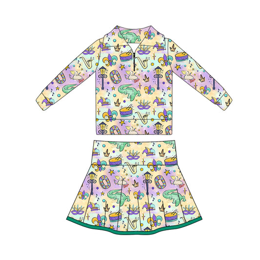 (Pre Order) No moq GLD1401 PRE-ORDER baby girl clothes yoga mardi gras long sleeve skirts sets-2025.10.16