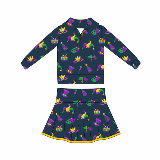 (Pre Order) No moq GLD1402 PRE-ORDER baby girl clothes yoga mardi gras long sleeve skirts sets-2025.10.16