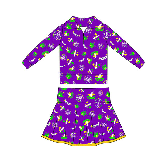 (Pre Order) No moq GLD1403 PRE-ORDER baby girl clothes yoga mardi gras long sleeve skirts sets-2025.10.16