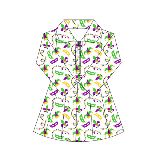 (Pre Order) No moq GLD1406 PRE-ORDER baby girl clothes yoga mardi gras long sleeve dress-2025.10.16