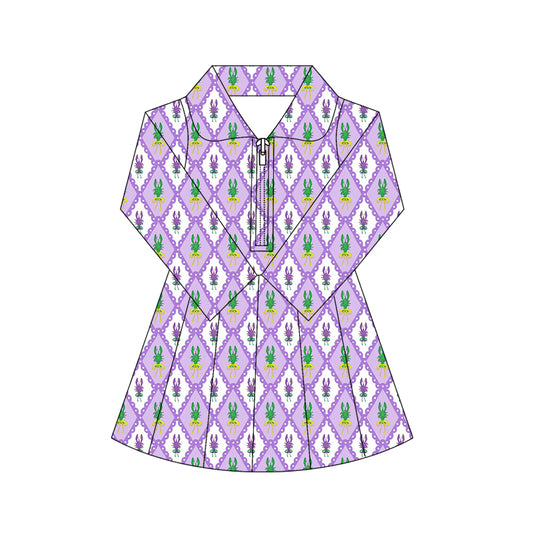 (Pre Order) No moq GLD1409 PRE-ORDER baby girl clothes yoga mardi gras long sleeve dress-2025.10.16