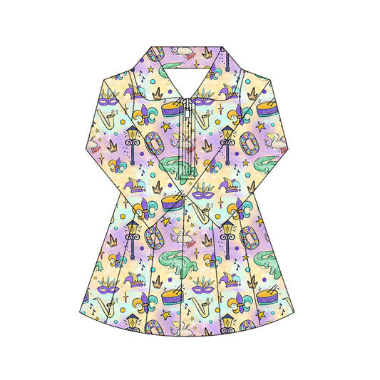 (Pre Order) No moq GLD1411 PRE-ORDER baby girl clothes yoga mardi gras long sleeve dress-2025.10.16