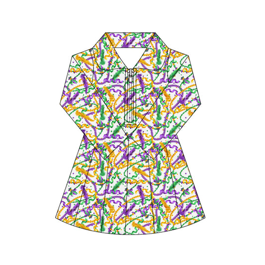 (Pre Order) No moq GLD1414 PRE-ORDER baby girl clothes yoga mardi gras long sleeve dress-2025.10.16