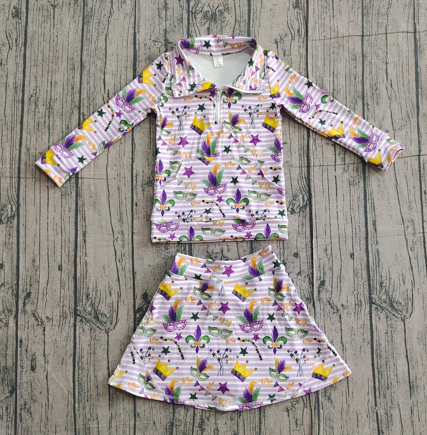 (Pre Order) No moq GLD1415 PRE-ORDER baby girl clothes yoga mardi gras long sleeve skirts sets-2025.11.2