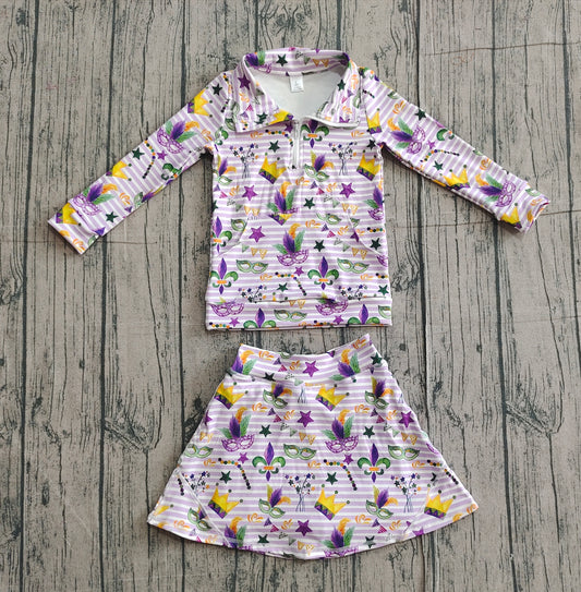 (Pre Order) No moq GLD1415 PRE-ORDER baby girl clothes yoga mardi gras long sleeve skirts sets-2025.11.2