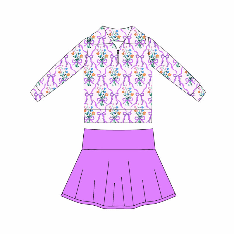 (Pre Order) No moq GLD1416 PRE-ORDER baby girl clothes yoga bow floral long sleeve skirts sets-2025.10.17