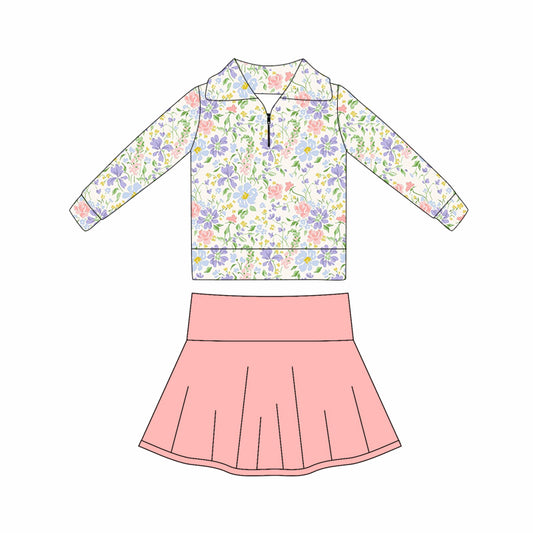 (Pre Order) No moq GLD1420 PRE-ORDER baby girl clothes yoga floral long sleeve skirts sets-2025.10.17