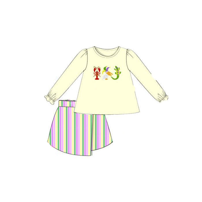 (Pre Order) No moq GLD1431 PRE-ORDER baby girl clothes mardi gras long sleeve skirts sets-2025.10.31