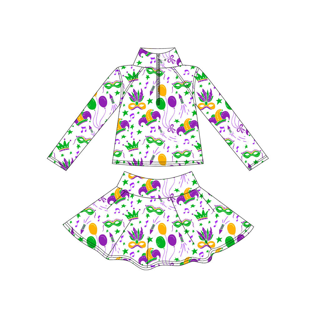 (Pre Order) No moq GLD1432 PRE-ORDER baby girl clothes yoga mardi gras long sleeve skirts sets-2025.11.1