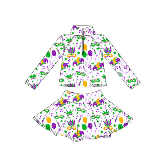 (Pre Order) No moq GLD1432 PRE-ORDER baby girl clothes yoga mardi gras long sleeve skirts sets-2025.11.1
