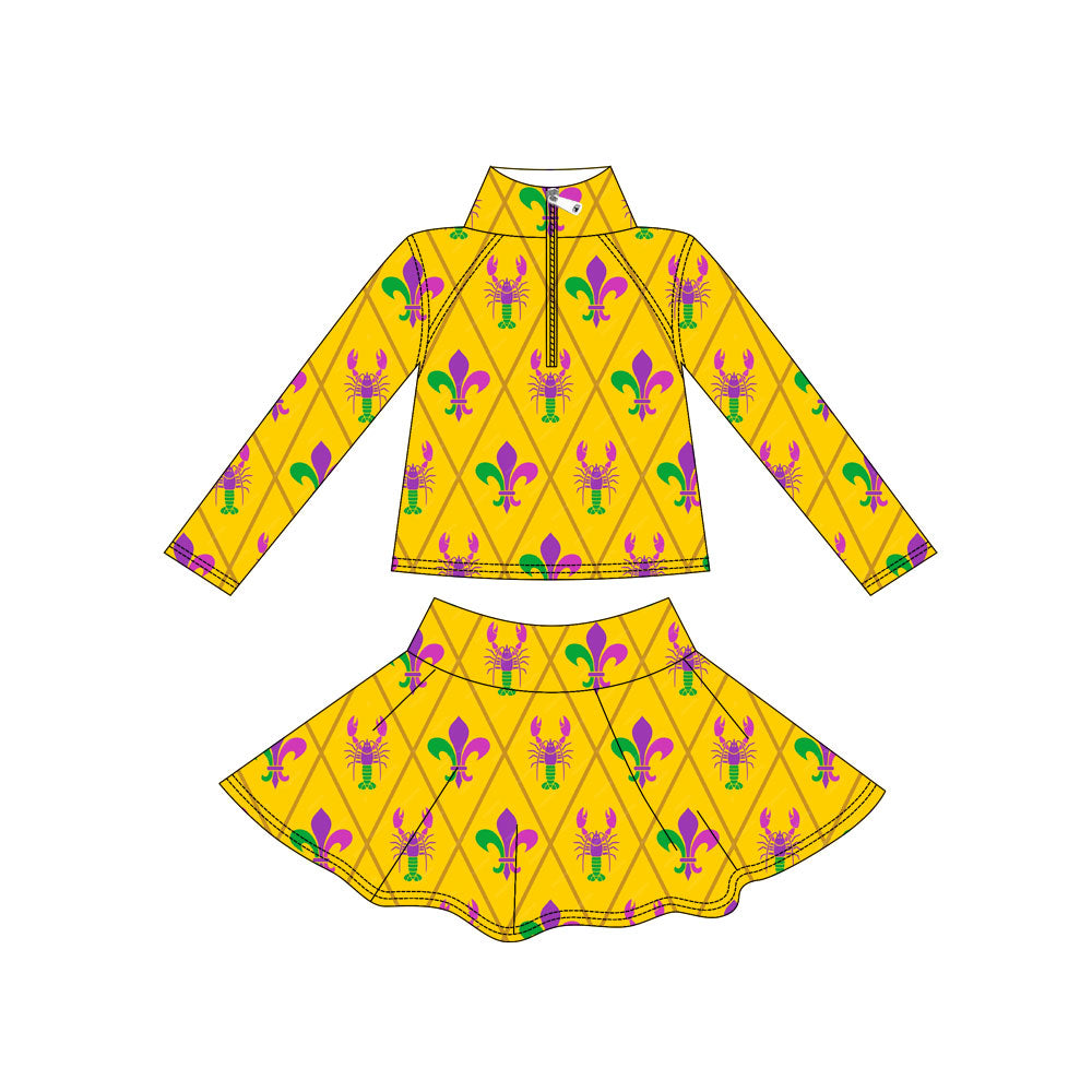 (Pre Order) No moq GLD1433 PRE-ORDER baby girl clothes yoga mardi gras long sleeve skirts sets-2025.11.1