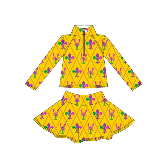(Pre Order) No moq GLD1433 PRE-ORDER baby girl clothes yoga mardi gras long sleeve skirts sets-2025.11.1