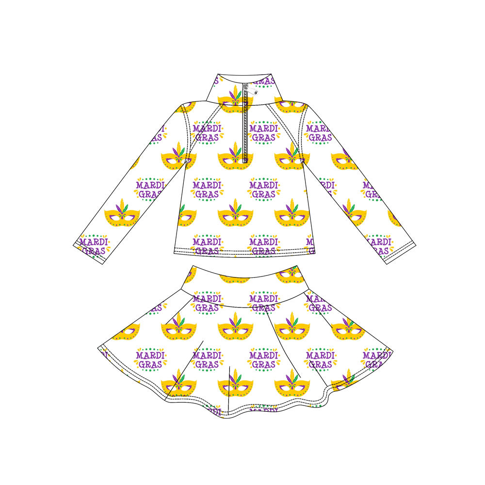 (Pre Order) No moq GLD1434 PRE-ORDER baby girl clothes yoga mardi gras long sleeve skirts sets-2025.11.1