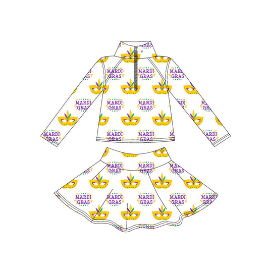 (Pre Order) No moq GLD1434 PRE-ORDER baby girl clothes yoga mardi gras long sleeve skirts sets-2025.11.1
