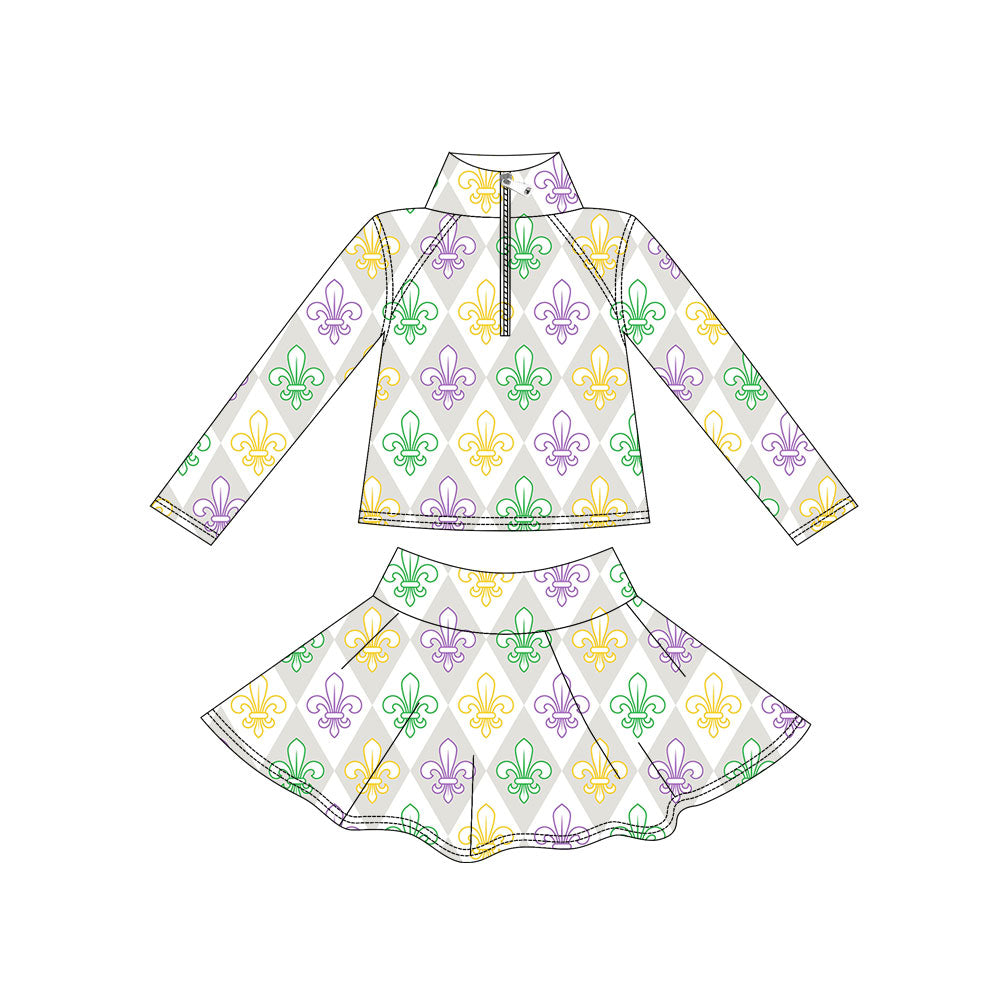 (Pre Order) No moq GLD1436 PRE-ORDER baby girl clothes yoga mardi gras long sleeve skirts sets-2025.11.1