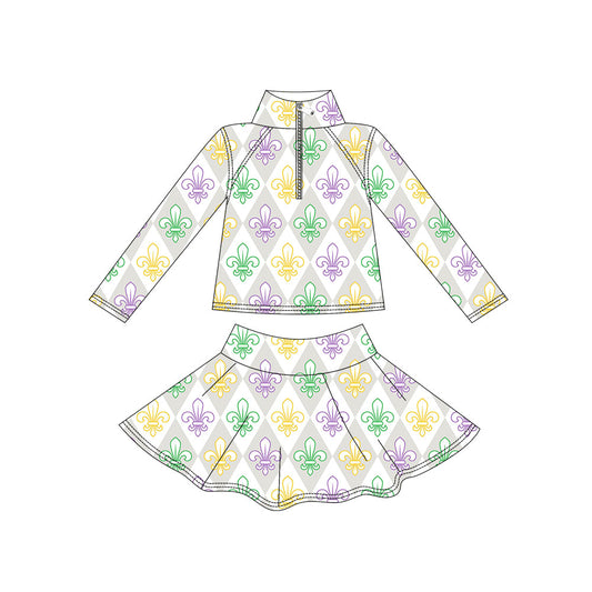 (Pre Order) No moq GLD1436 PRE-ORDER baby girl clothes yoga mardi gras long sleeve skirts sets-2025.11.1
