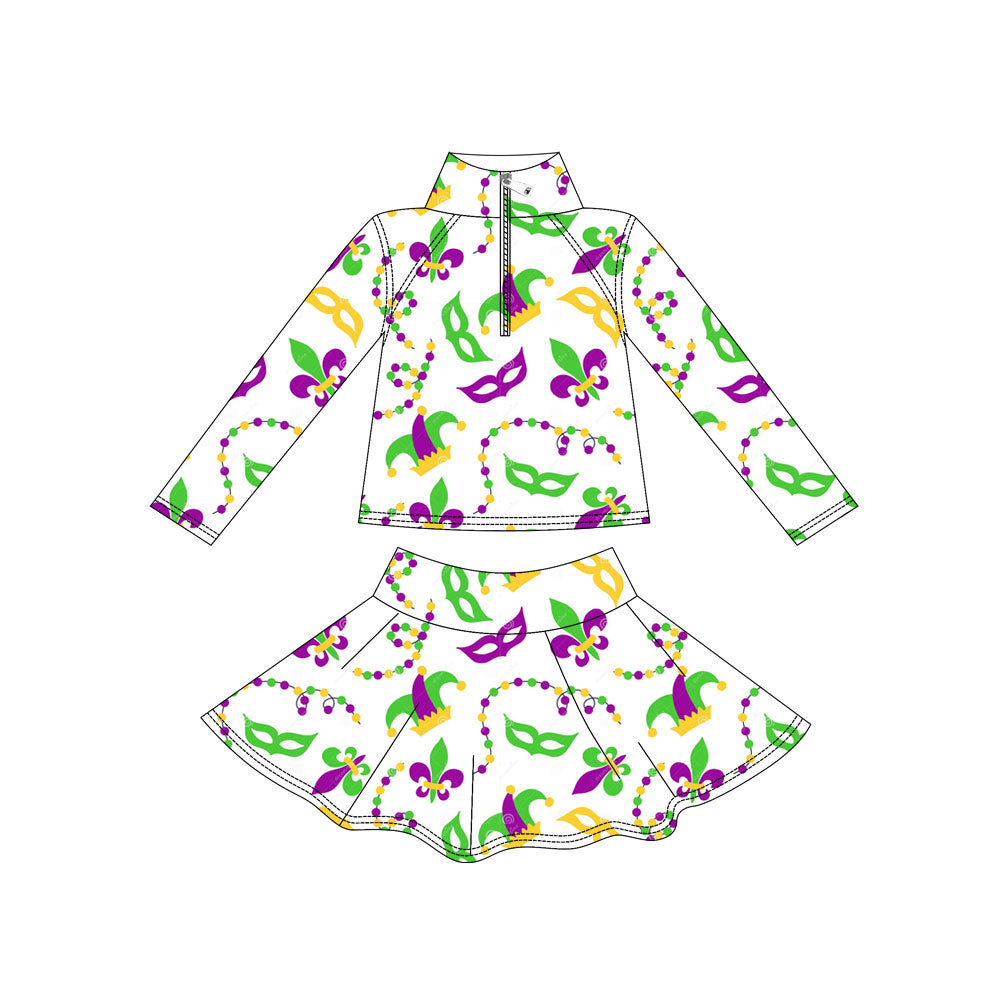 (Pre Order) No moq GLD1437 PRE-ORDER baby girl clothes yoga mardi gras long sleeve skirts sets-2025.11.1