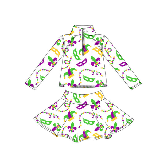 (Pre Order) No moq GLD1437 PRE-ORDER baby girl clothes yoga mardi gras long sleeve skirts sets-2025.11.1