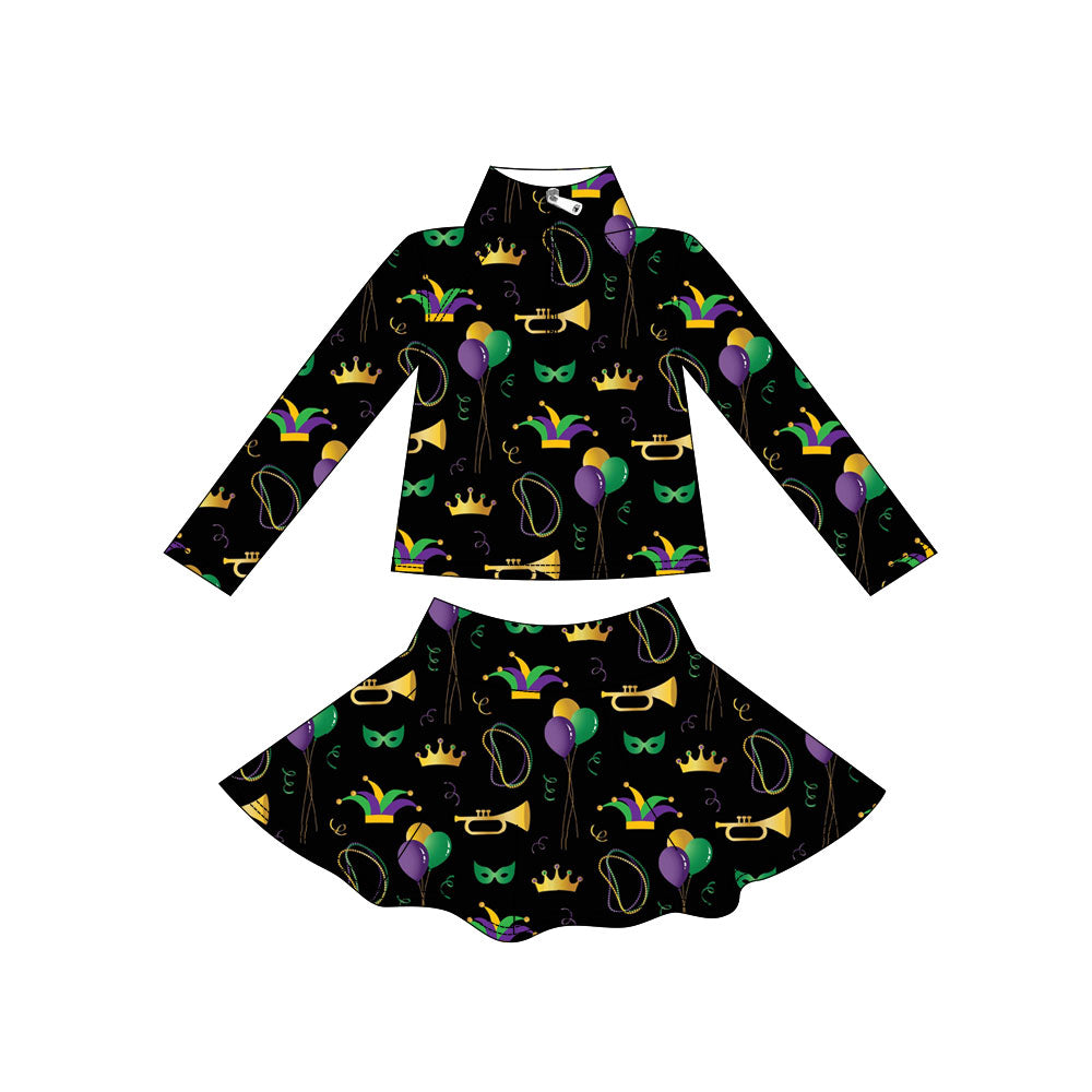 (Pre Order) No moq GLD1438 PRE-ORDER baby girl clothes yoga mardi gras long sleeve skirts sets-2025.11.1