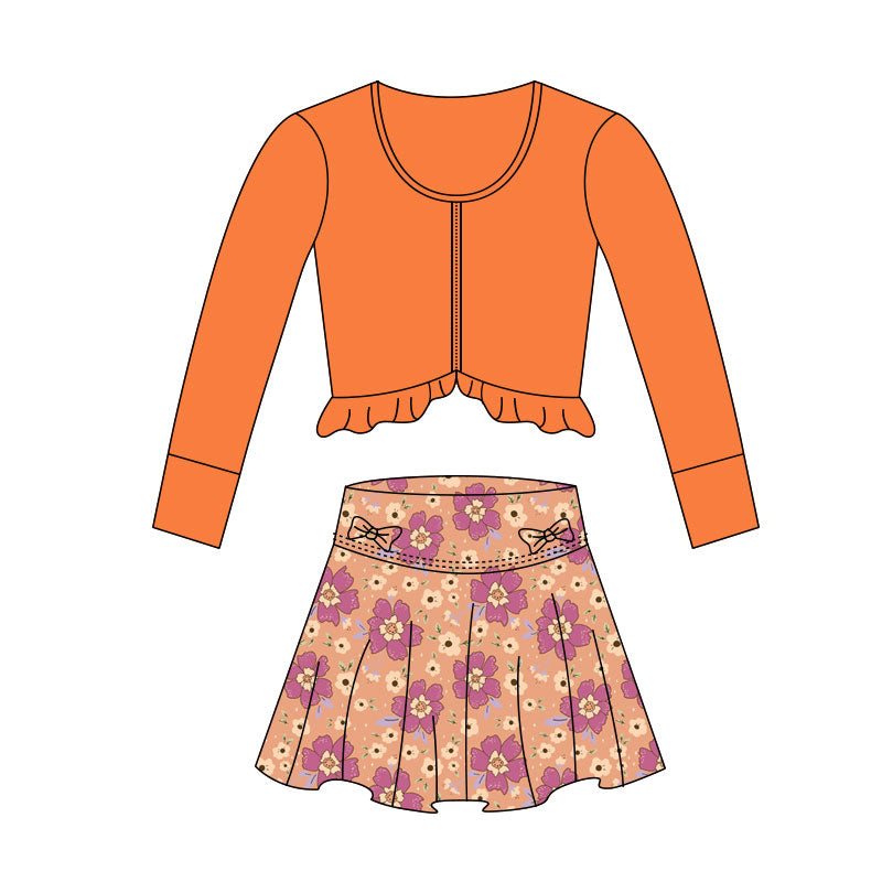 (Pre Order) No moq GLD1460 PRE-ORDER baby girl clothes yoga orange long sleeve skirts sets-2025.11.1