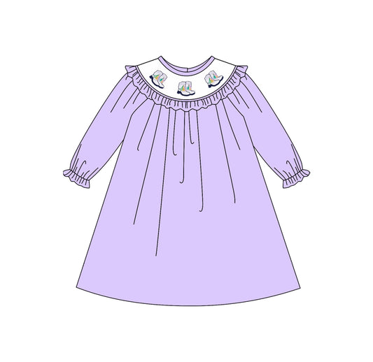 (Pre Order) No moq GLD1469 PRE-ORDER baby girl clothes boots purple long sleeve dress-2025.11.3