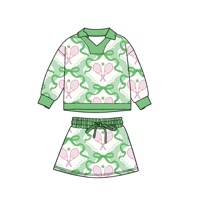 (Pre Order) No moq GLD1471 PRE-ORDER baby girl clothes bow green long sleeve skirts sets-2025.11.4